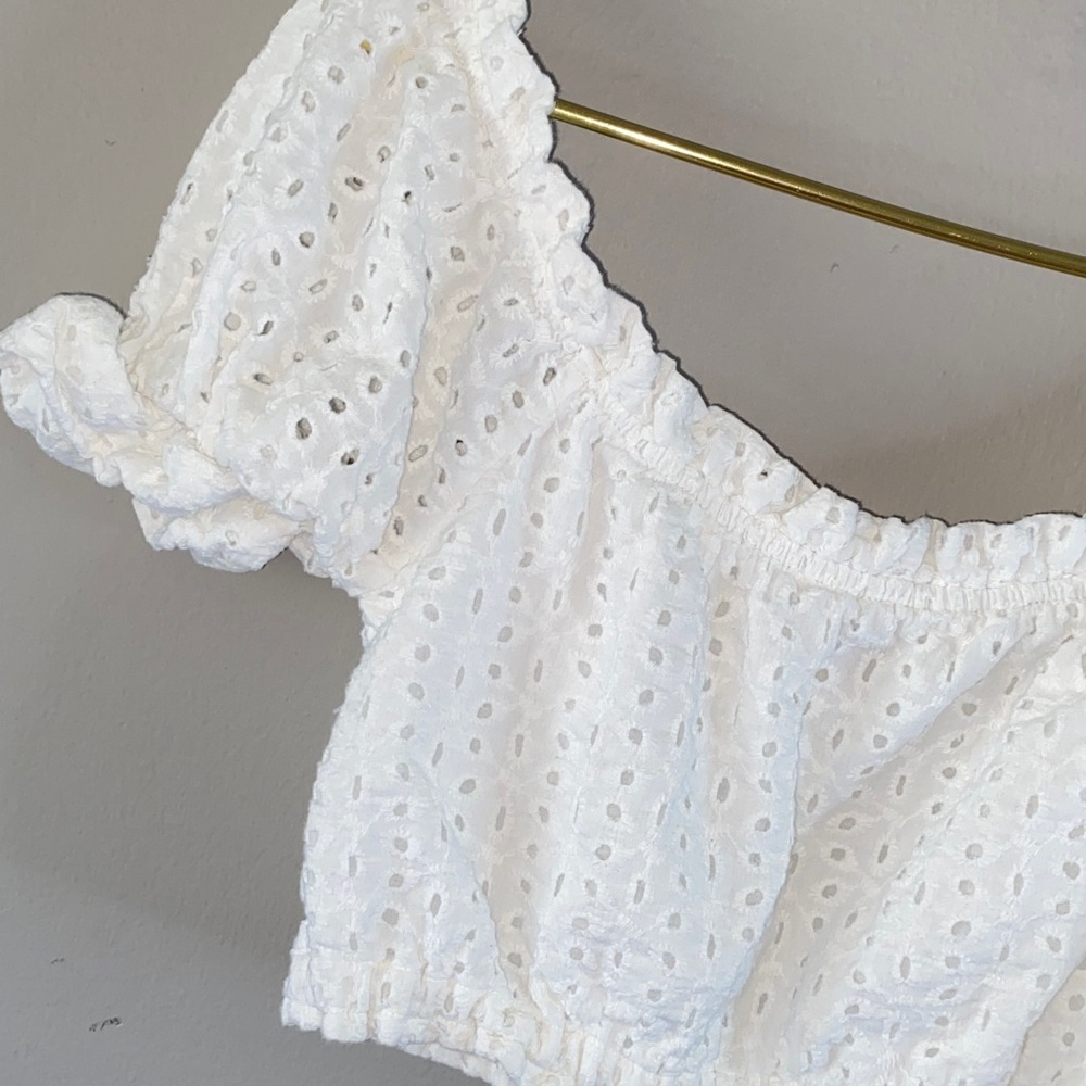 Elegant White Eyelet Off-Shoulder Blouse - Picture 2 of 14